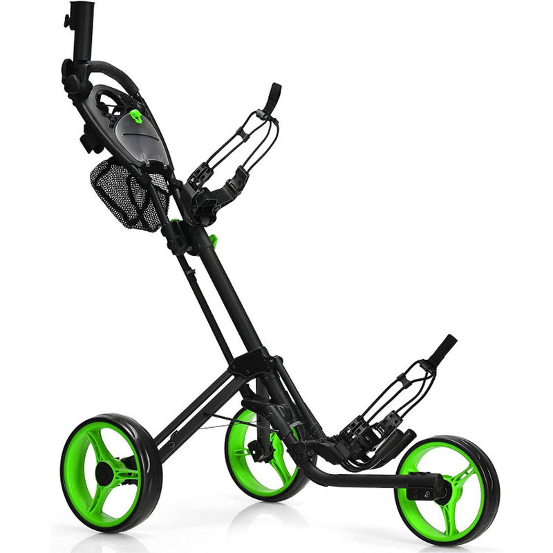 Folding 3 Wheels Golf Push Cart with Brake Scoreboard Adjustable Handle-Green