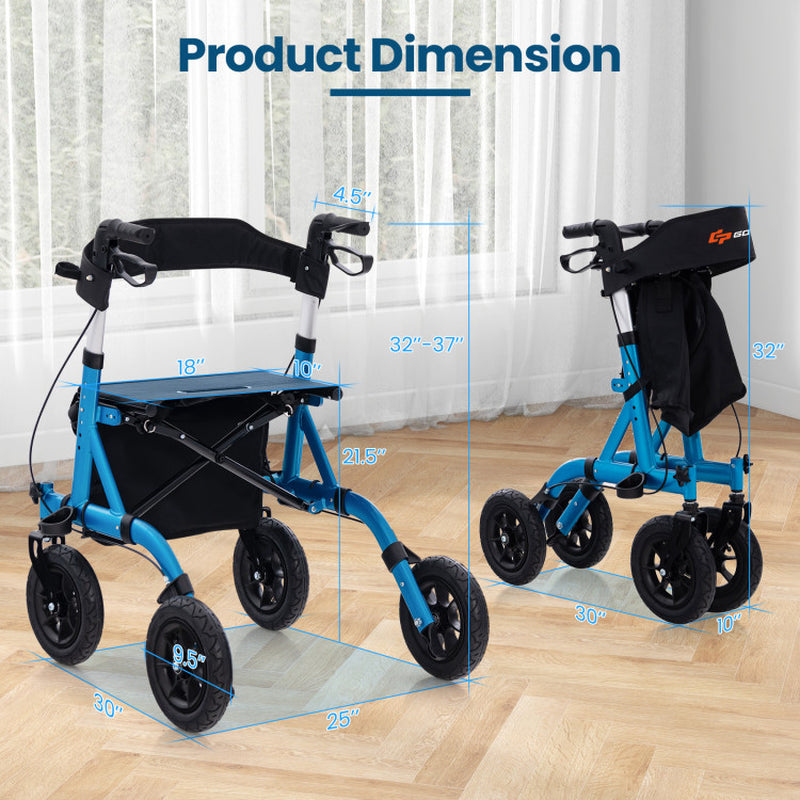 Blue Height Adjustable Foldable Rolling Walker with Seat for Seniors