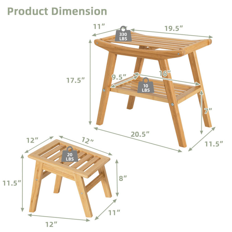 Natural Bamboo Shower Seat Bench with Underneath Storage Shelf