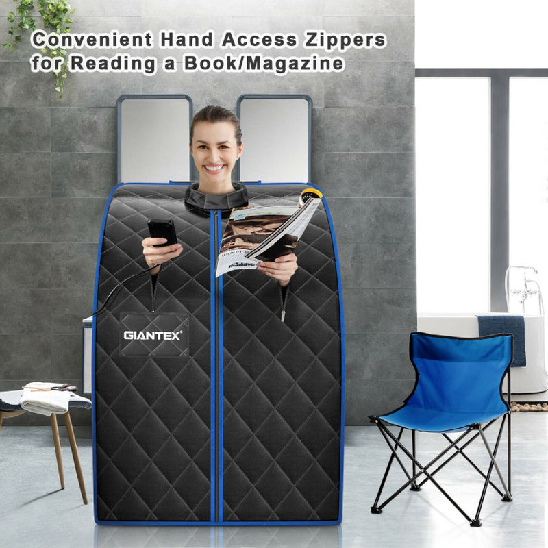 Portable Far Infrared Sauna with Heating Foot Pad and Chair in Black