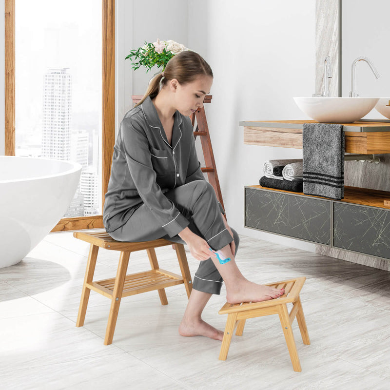 Natural Bamboo Shower Seat Bench with Underneath Storage Shelf