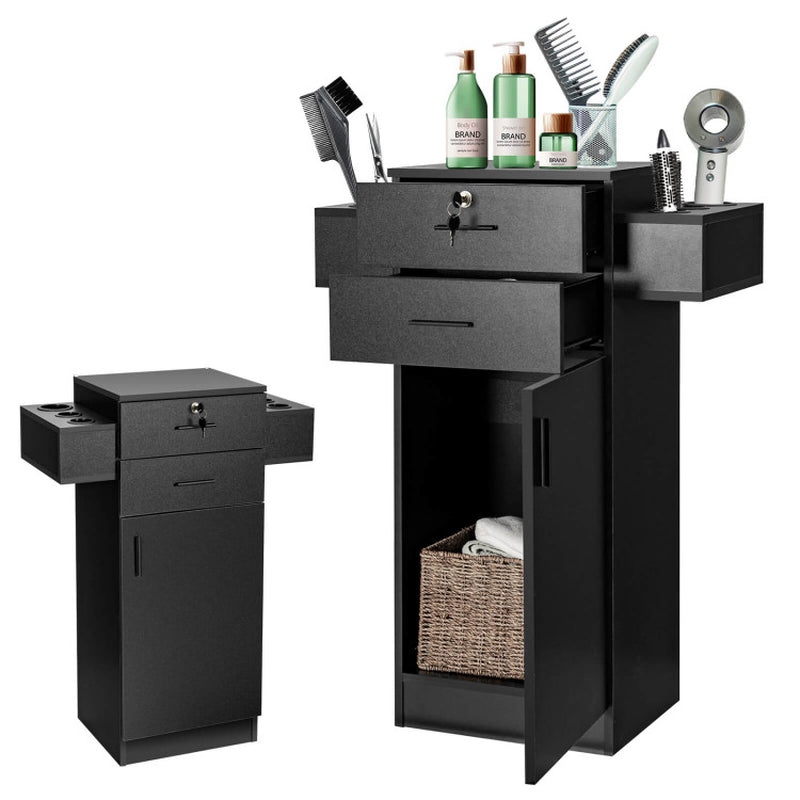 Black Salon Station Storage Cabinet with Six Hair Dryer Holders for Hair Stylists