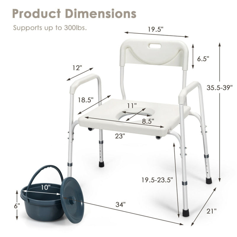 Adjustable Height 3-In-1 Bedside Commode Portable Toilet