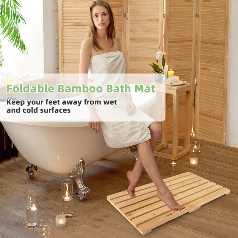 Natural Bamboo Bath Mat with Non-Slip Pads and Slatted Design