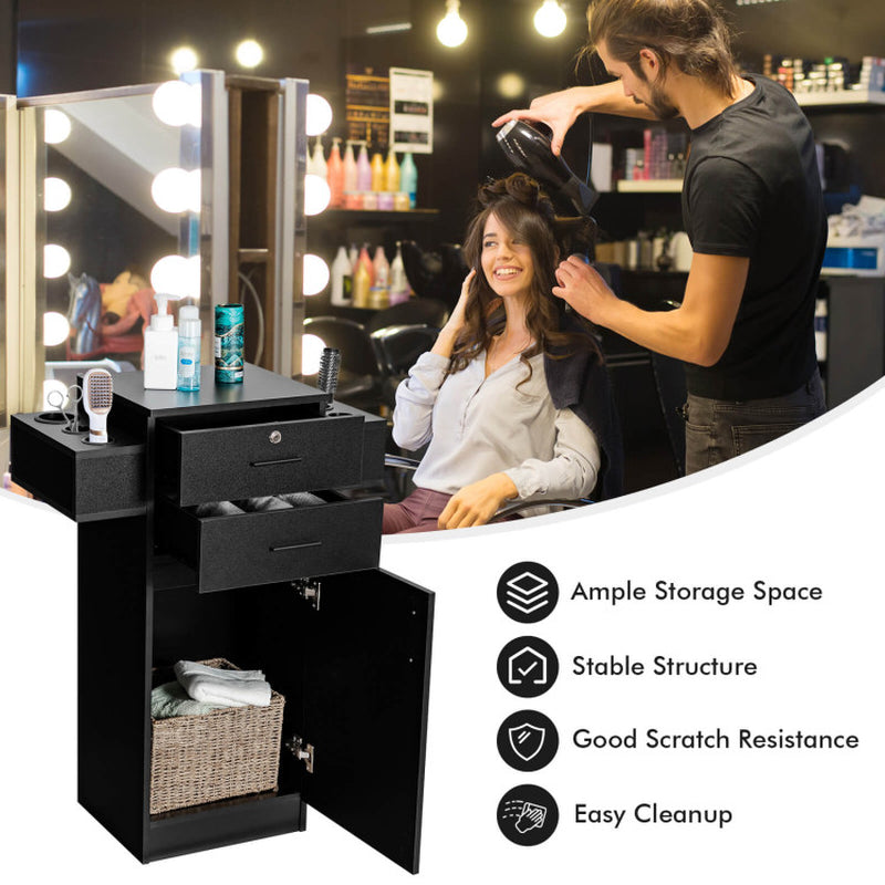 Black Salon Station Storage Cabinet with Six Hair Dryer Holders for Hair Stylists