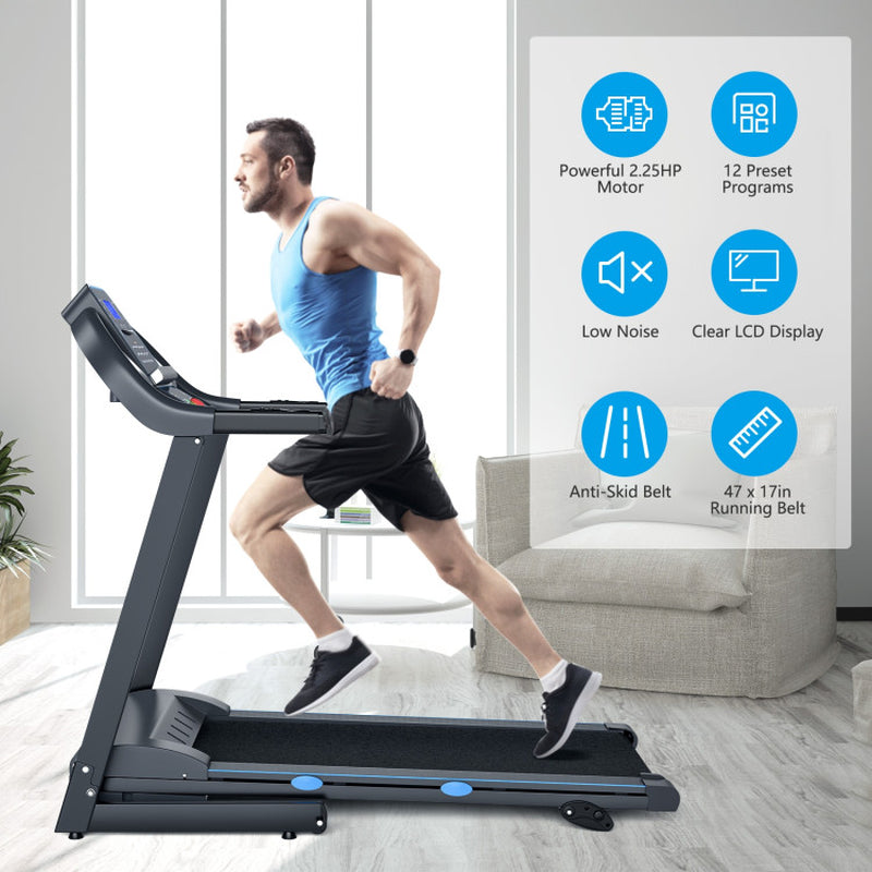 2.25 HP Folding Electric Motorized Power Treadmill with Blue Backlit LCD Display