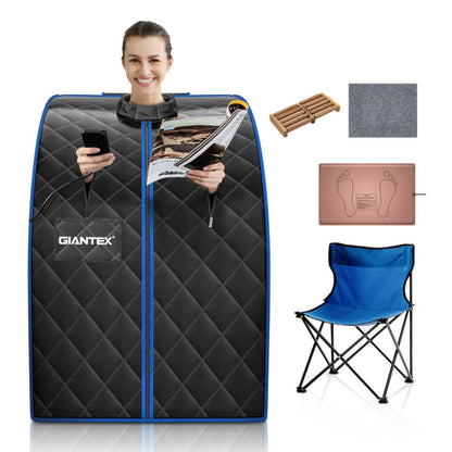 Portable Far Infrared Sauna with Heating Foot Pad and Chair in Black